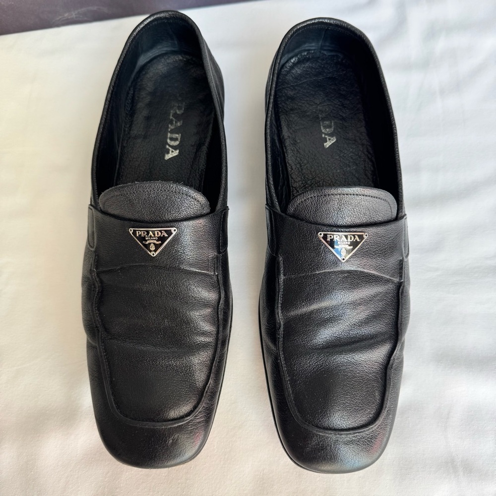 SOLD Prada Saffiano Black Leather Penny Loafers Dress Slip On Shoes Men’s 9.5 - Picture 2 of 6